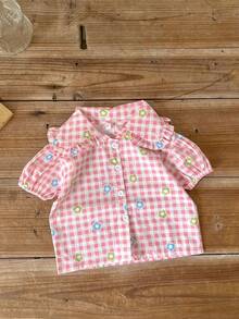 Baby Girl 2024 Summer Peter Pan Collar Checkered Printed Short Sleeve Cute Shirt - Pink - View 2
