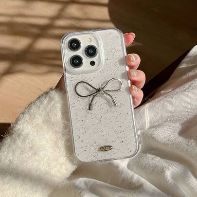 透明环氧树脂金属银箔蝴蝶结设计手机壳，兼容 17/17 Air/16/16e/15；可爱甜美手机保护套，兼容 15/15 Pro Max/13 Pro Max/14 Pro Max/13 Pro/14 Pro/15 Pro/12/13/11