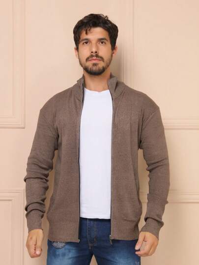 Suéter Masculino Liso Blusa De Frio Jaqueta Masculina Com Bolso e Ziper Malha Trico Manga Longa