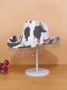 1pc Women's Fancy Rhinestone Fringe Cowboy Hat With Adjustable Cow Print Design, Suitable For Outdoor Parties, Music Festivals - A - View 1