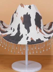 1pc Women's Fancy Rhinestone Fringe Cowboy Hat With Adjustable Cow Print Design, Suitable For Outdoor Parties, Music Festivals - A - View 2