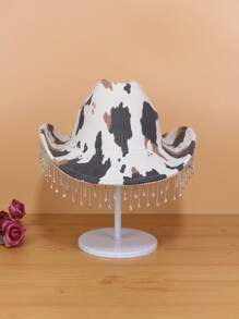1pc Women's Fancy Rhinestone Fringe Cowboy Hat With Adjustable Cow Print Design, Suitable For Outdoor Parties, Music Festivals - A - View 4