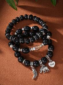 3pcs/Set Multi-Layered Cracked Beaded Bracelet With Elephant And Heart Shaped Pendant Valentines,Mom,Mother,Mother's Day,Gift
