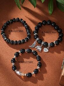 3pcs/Set Multi-Layered Cracked Beaded Bracelet With Elephant And Heart Shaped Pendant Valentines,Mom,Mother,Mother's Day,Gift
