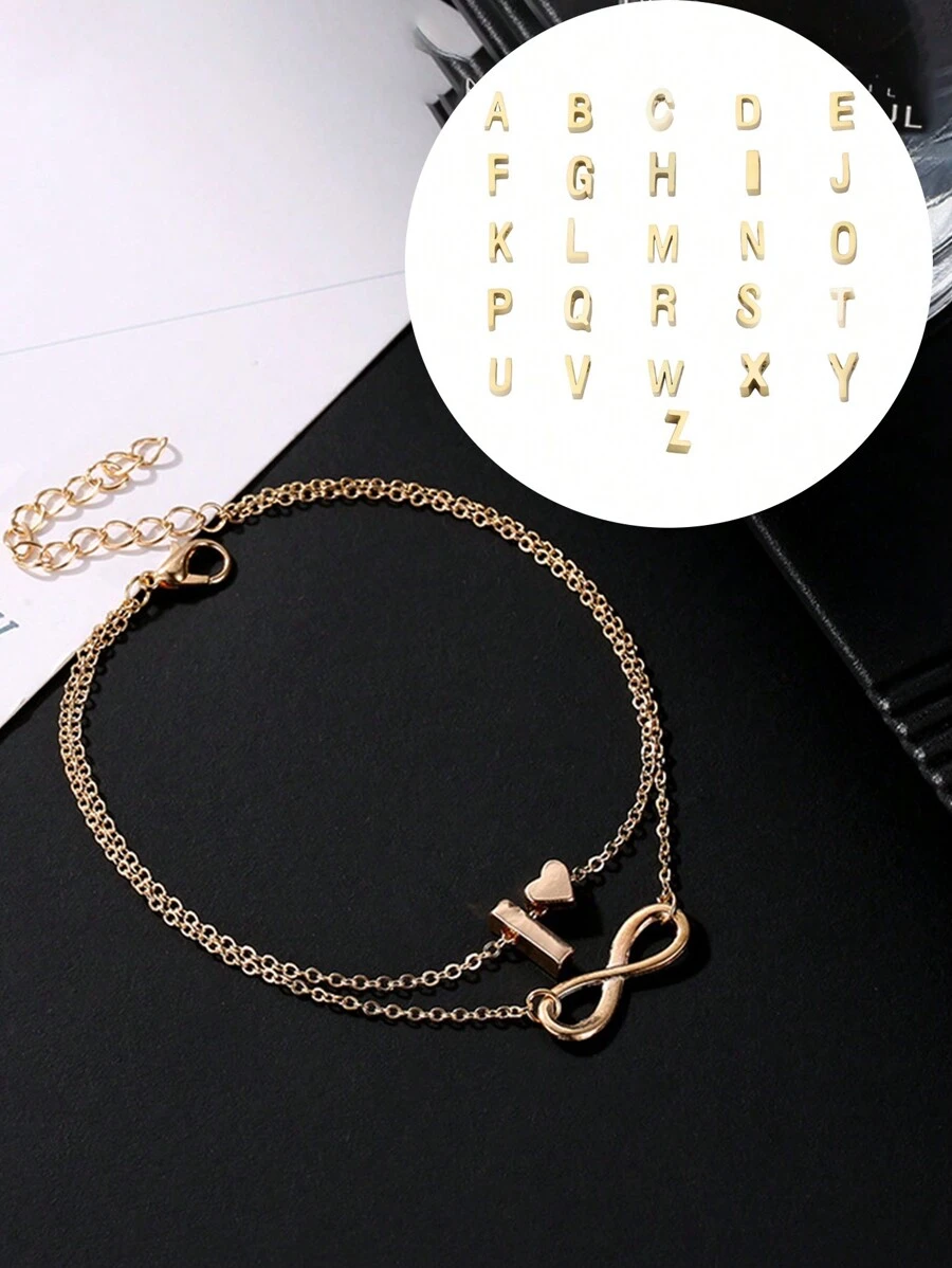 1條簡約幾何雙層心形和字母女踝鏈,適用於夏季 - 金色 - 查看 1