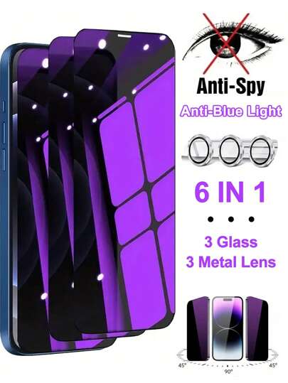[6 IN 1] 3 Pcs Purple Screen Glass + 3 Pcs Metal Lens Anti-Blue Light Privacy Screen Protector Compatible With Iphone Compatible With IPhone 16/16 Plus/16 Pro/16 Pro Max/15/15Pro/15 Plus/15 Pro Max Gift For Birthday, Family, Friends Tempered Glass, Anti-Spy, Phone Screen Protector, Phone Accessories Waterproof Shockproof Anti-Fall Anti-Fall Scratch Resistant Anti-Fingerprint Full Cover