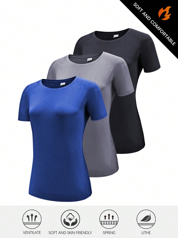 3pcs/Set Quick-Dry Ultralight Sports T-Shirts For Women, Suitable For Running, Workout, Gym And Couple Outfits, Summer Basic T Shirt