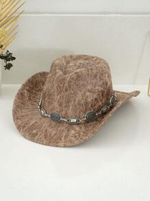 1pc Unisex PU Leather Western Cowboy Hat, Matched With Unique 3D Metal Buckle Hatband Belt Chain, Retro Steampunk Accessory, Gift For Men, Suitable For Party, Western-Themed Activities, Gatherings, Cosplay, Graduation Ceremonies, Costume Parties, Festivals, And Music Festivals Halloween