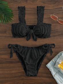 Mesh Bikini Set With Ruffle Accent And Strap Detail Summer - Black - View 1