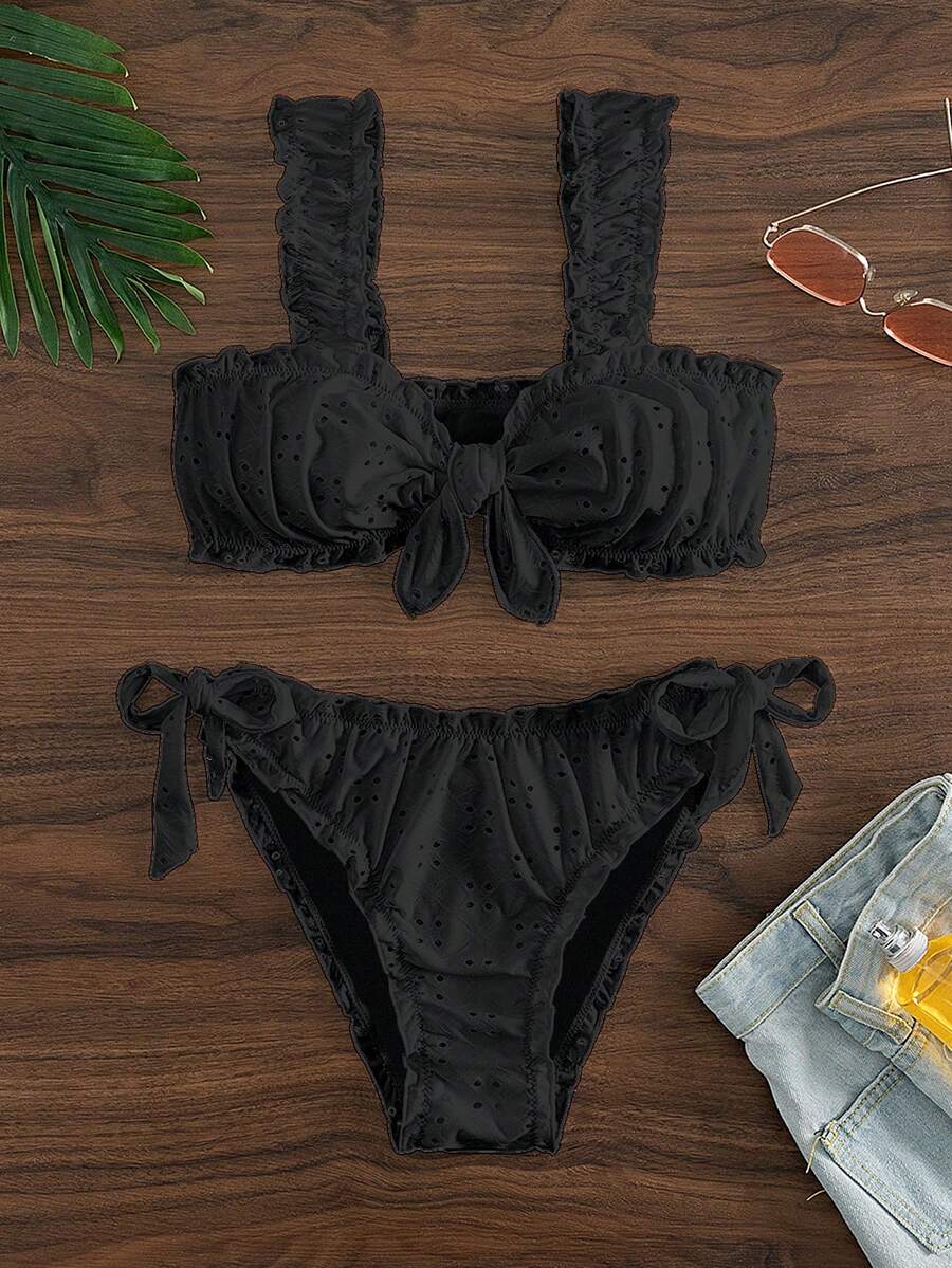 Mesh Bikini Set With Ruffle Accent And Strap Detail Summer - Black - View 1