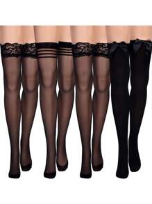 4 Pairs Silk Thigh High Stocking For Women Lace Silicone Socks Satin Bow Top Stocking - Black - View 1