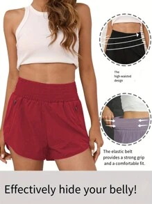 Women's High Waist Elastic Pocket Workout Quick-Dry Sports Shorts - Red - View 6