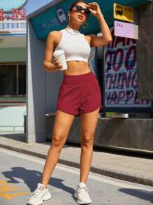 Women's High Waist Elastic Pocket Workout Quick-Dry Sports Shorts - Red - View 3