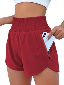 Women's High Waist Elastic Pocket Workout Quick-Dry Sports Shorts - Red - View 2
