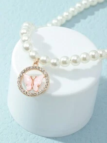1條珍珠珠鏈蝴蝶吊墜項鍊,適用於女孩 - 粉色 - 查看 2