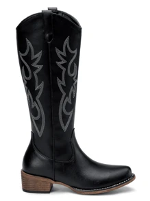 Comfyshoes Women's Embroided Cowboy Boots, Square Toe Knee High Western Boots - 黑色 - 查看 6
