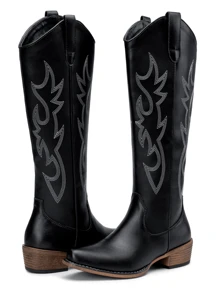 Comfyshoes Women's Embroided Cowboy Boots, Square Toe Knee High Western Boots - 黑色 - 查看 5