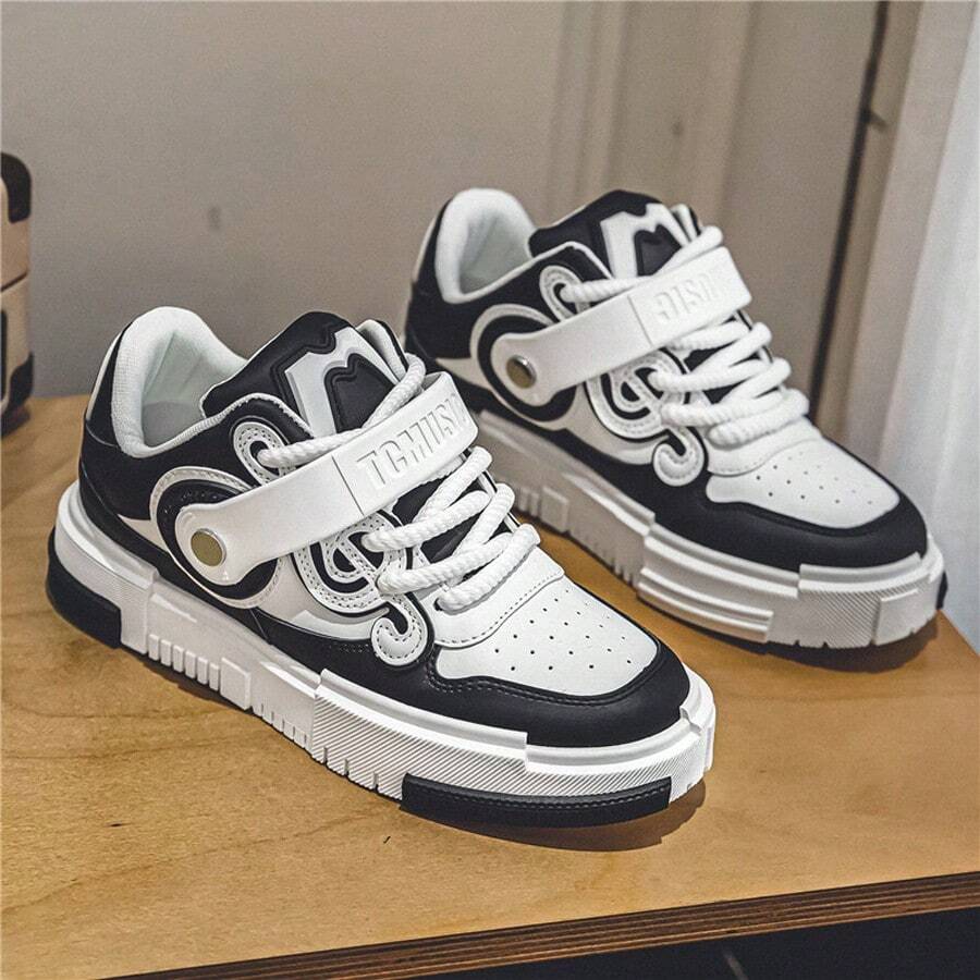 男士帶扣綁帶低幫平底滑板鞋,時尚、休閒、青春,適合學生 - 黑色 - 查看 1