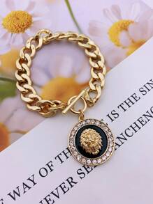 1 Pieza Pulsera Con Colgante De Cabeza De León De Aleación De Zinc Con Decoración De Diamantes De Imitación Adecuado Para Uso Diario De Mujeres