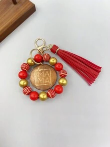 1入女士條紋木珠鑰匙扣,附有“mama”字母刻印的木片吊飾流蘇手環鑰匙扣,可用於包包配飾珠寶掛件,是給媽媽的完美禮物。 - 條紋 - 查看 5