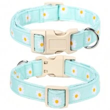 1只限量版春/夏季時尚新款藍色向日葵印花布料寵物項圈,帶米色塑料扣適用於室內外使用 - 淺藍色 - 查看 4