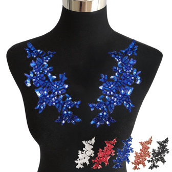 2pcs/Pair Sequin Applique With Embroidery & Mesh Lace, Perfect For Diy Decoration On Wedding Dresses, Hats, Scarfs, Cheongsams, Evening Parties, 10.23*4.33in (25.98*11cm), Red, Gold, Blue, Black