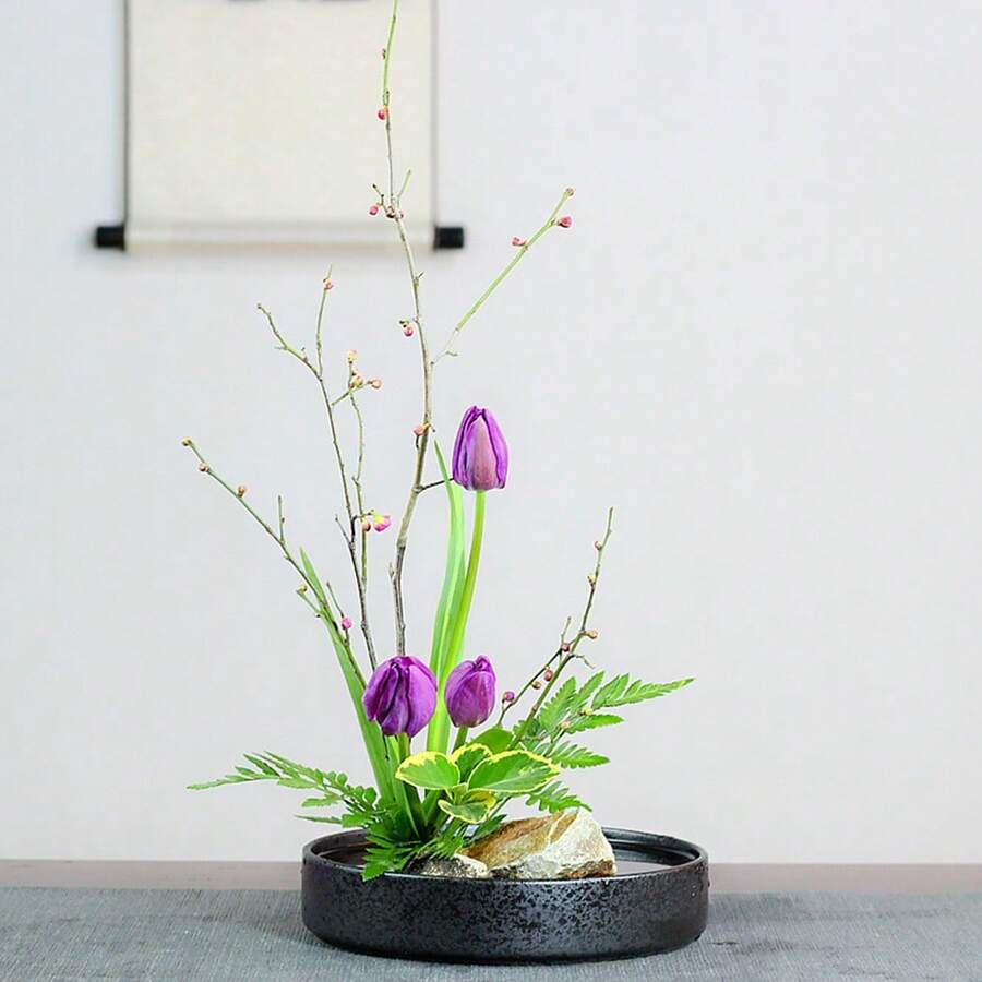 1個陶瓷插花盤,中式禪風水栽盆,水仙＆風信子水耕花盆,日式插花盤 - 黑色 - 查看 1