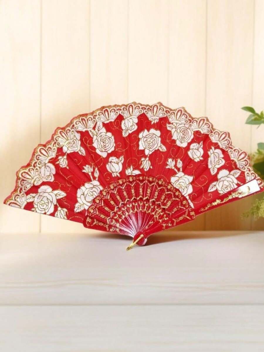Leque Cigano De Tecido e Glitter Brilho Luxo - Vermelho - Visão 1
