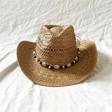 Boho 1pc Handmade Shell & Straw Hat With Curled Brim, Suitable For Outdoor Activities, Fashionable Accessory For Beach Vacation Cowboy Hat - Hollow - View 14