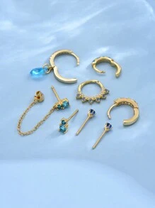 7 Pièces/set Boucles D'oreilles Délicates Pour Femmes En Zircone Cubique Bleue De Tonalité Bleu Mer, Adaptées Pour Les Fêtes, Les Vacances, Les Rendez-vous Ou Les Mariages - Or jaune - Voir 4