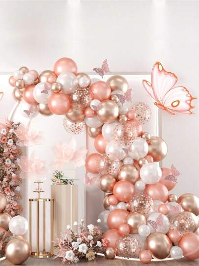 111pcs Butterfly Decorative Balloon Arch Kit, Rose Gold Color Perfect Decoration Wedding Birthday Holiday Event Party Room Wall Background Decor,