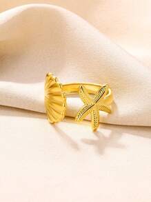 1pc Fashionable Oil Pressure Style Gold-Plated Stainless Steel Starfish & Seashell Design Adjustable Ring, Suitable For Daily Wear And Beach Jewelry Gifts For Women