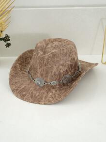 1pc Unisex PU Leather Western Cowboy Hat, Matched With Unique 3D Metal Buckle Hatband Belt Chain, Retro Steampunk Accessory, Gift For Men, Suitable For Party, Western-Themed Activities, Gatherings, Cosplay, Graduation Ceremonies, Costume Parties, Festivals, And Music Festivals Halloween