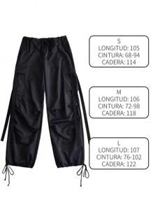 Calle Suelto Cordón Flutter Pantalones de trabajo Pantalones de pierna ancha Pantalones casuales con bolsillos de solapa Cintura baja Cordón de pierna ancha Pantalones de paracaidista - Negro - Ver 11