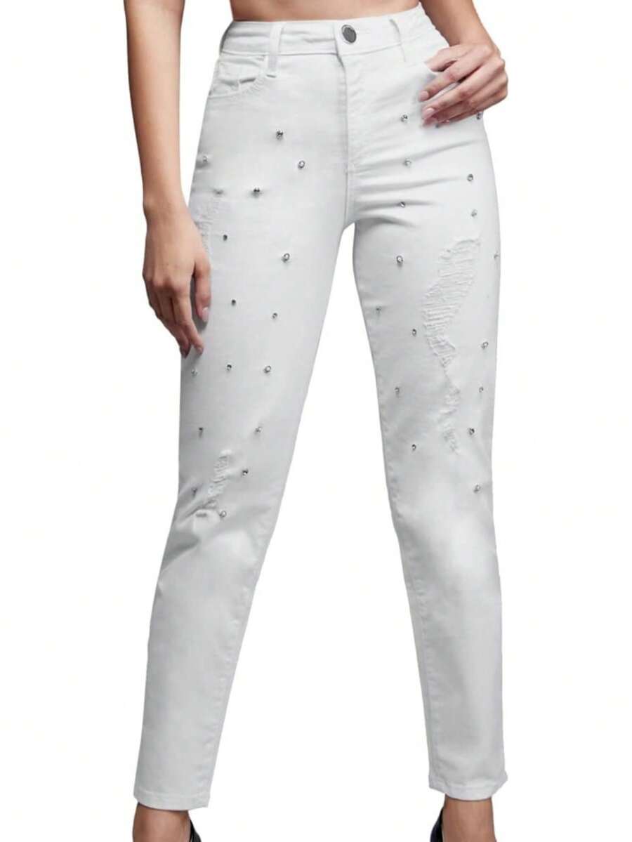 SEVEN JEANS Pantalón Rasgado Blanco Corte Mom Fit Con Pedrería De Mujer 9278BLCO - Blanco - Ver 1