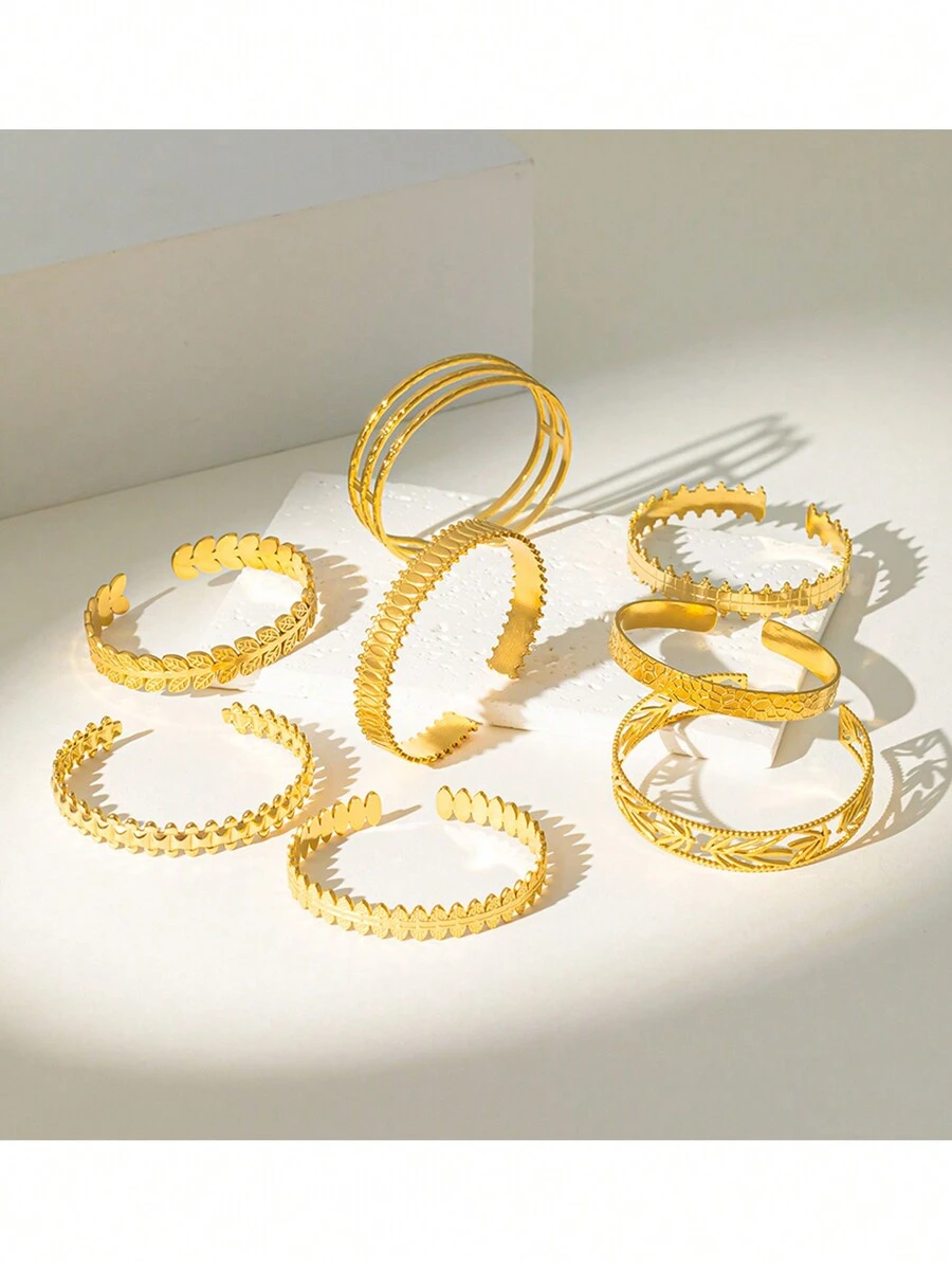 1入組雕花款式金調不鏽鋼手鍊,高端時尚ins風格手飾珠寶,適合女性 - 金黃色 - 查看 1