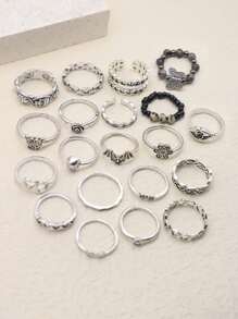 20入/套個性化復古蝙蝠、蝴蝶、骷髏、花卉、心形、鏈條、天然石材、手工編織可調整戒指套裝,適用於女性,派對禮物 - 復古銀色 - 查看 5