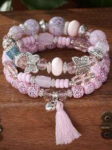 3 件/套蝴蝶、流苏、心形吊坠和菩提珠手链情人节、妈妈、母亲、母亲节、礼物 - 粉紅色 - 查看 1