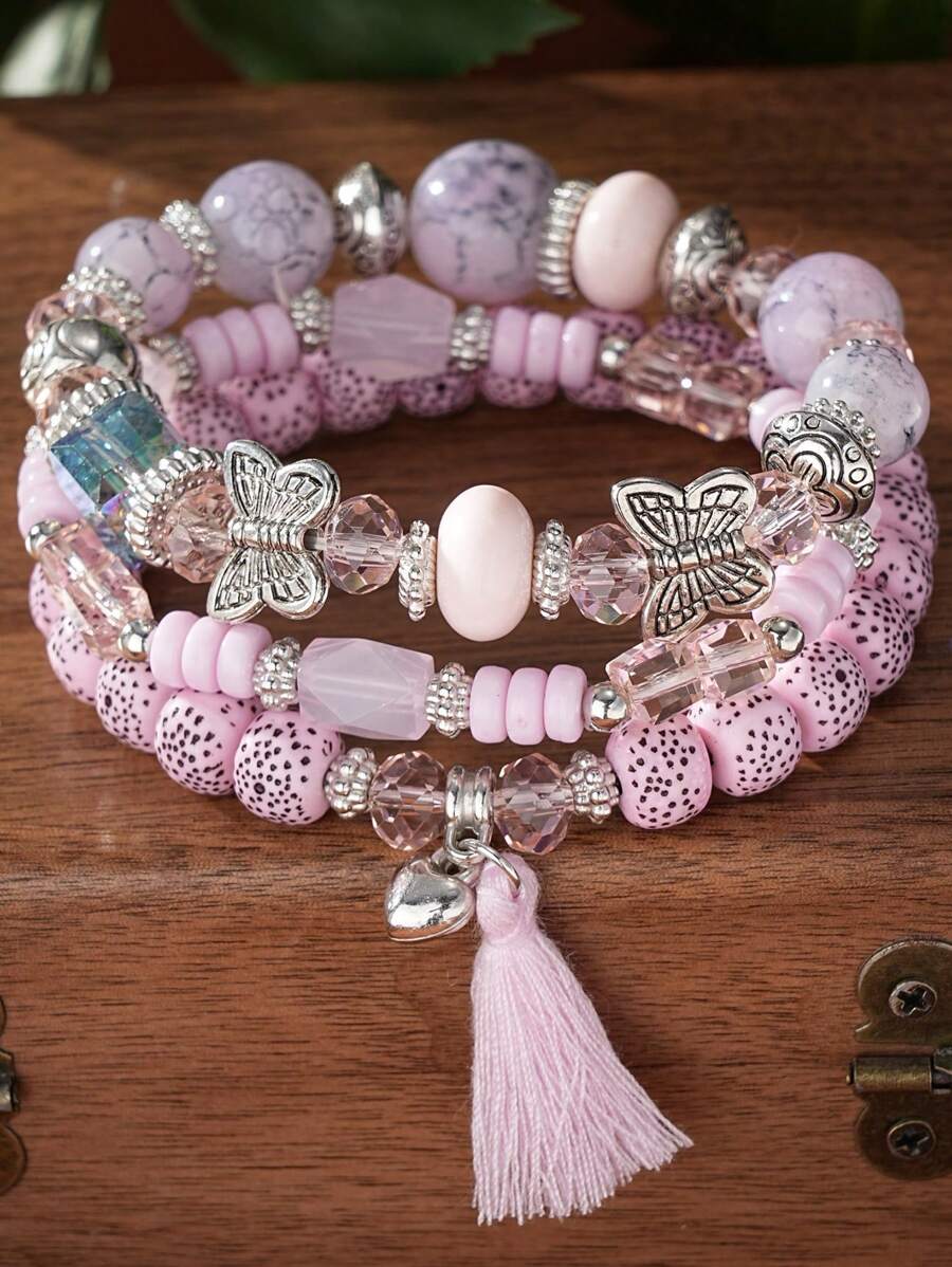 3 件/套蝴蝶、流苏、心形吊坠和菩提珠手链情人节、妈妈、母亲、母亲节、礼物 - 粉紅色 - 查看 1
