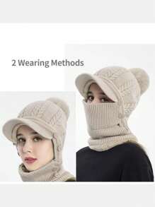 女士防风拉法帽，带帽檐和单个毛球，内衬柔软，二合一耳颈保暖帽，适合滑雪和户外活动的保暖冬季帽 - 彩色 - 查看 3