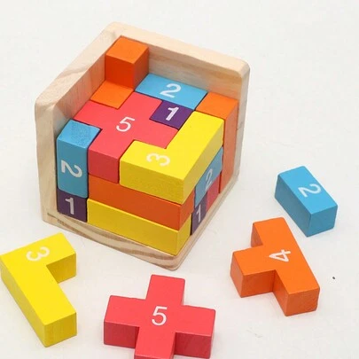彩色木制积木拼图，经典鲁班锁魔方3D益智玩具，适合拼图爱好者