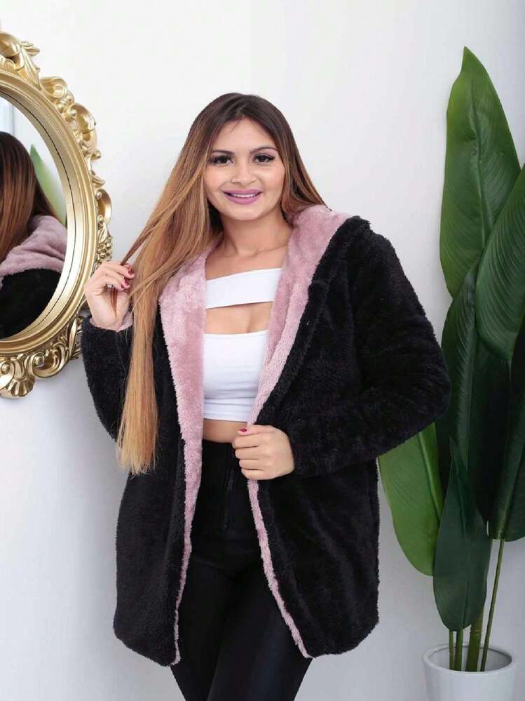 Women Faux Fur Coats - Rose With Black - View 1