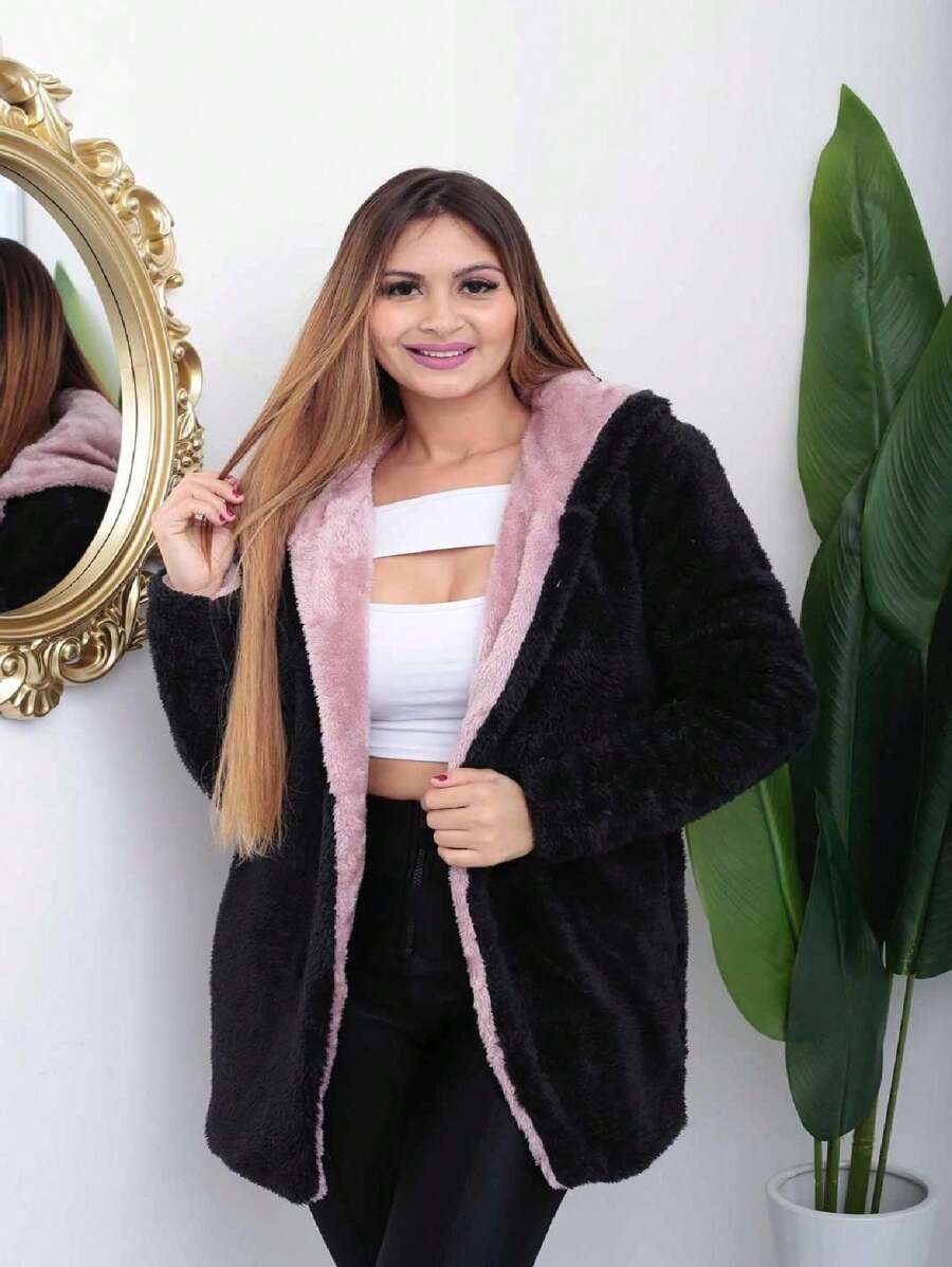 Women Faux Fur Coats - Rose With Black - View 1
