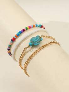 4入組兒童夏季海灘多彩米珠與海龜元素腳鍊套裝 - 彩色 - 查看 3