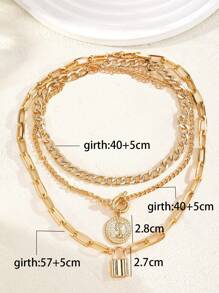 3 Piezas/conjunto Collar De Cadena Gruesa De Capas Múltiples Con Colgantes De Candado Y Moneda Para Mujeres