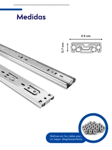 2 Riel Corredera para Cajon, Corredera de 25 centimetros, Guía para Correderas de Cajones, Riel Deslizante de Extensión, Guía para Rieles de Cajones, corredera de extension completa - Gris - Ver 2