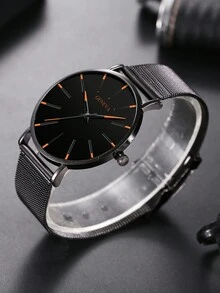 1 Miếng Thời trang Tròn Quay số Dây đeo lưới Đồng hồ thạch anh & 1 Miếng Vòng tay , Sự lựa chọn Đối với Món quà - màu đen - Xem 3