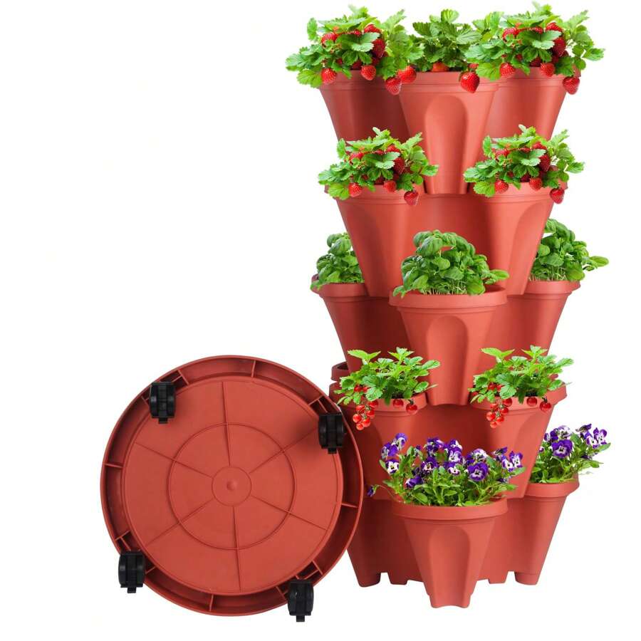 垂直種植架5層可堆疊的植物盆,草莓、香草、花卉和蔬菜盆,室內外花園種植盆具有可拆卸輪子和工具 - Clay Red - 查看 1
