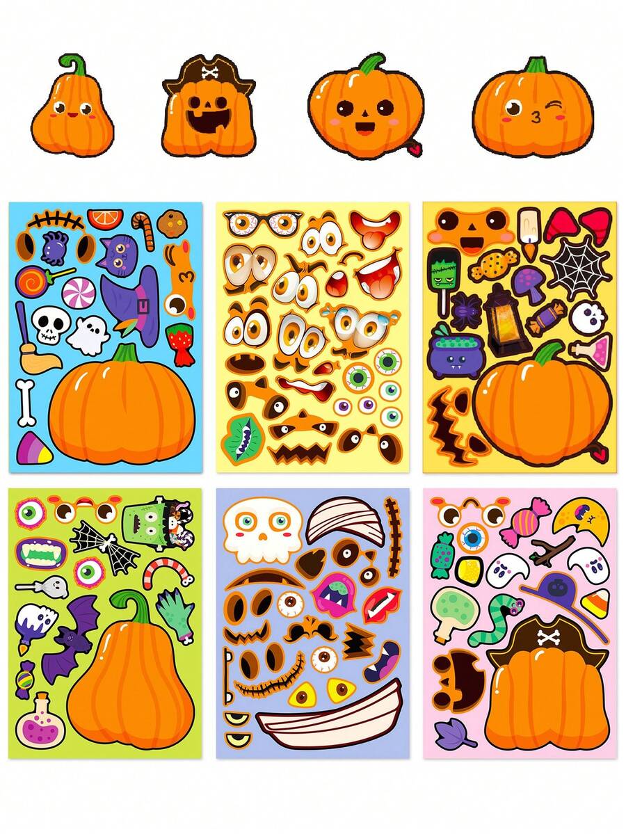 6pcs/Pack Halloween Pumpkin Cartoon Doodle Diy Kids Sticker Puzzle