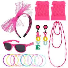 80 年代化装舞会服装配饰套装蕾丝头带霓虹耳环渔网手套太阳镜硅胶手链长珠项链适合单身派对 80 年代主题复古派对角色扮演 - 彩色 - 查看 13